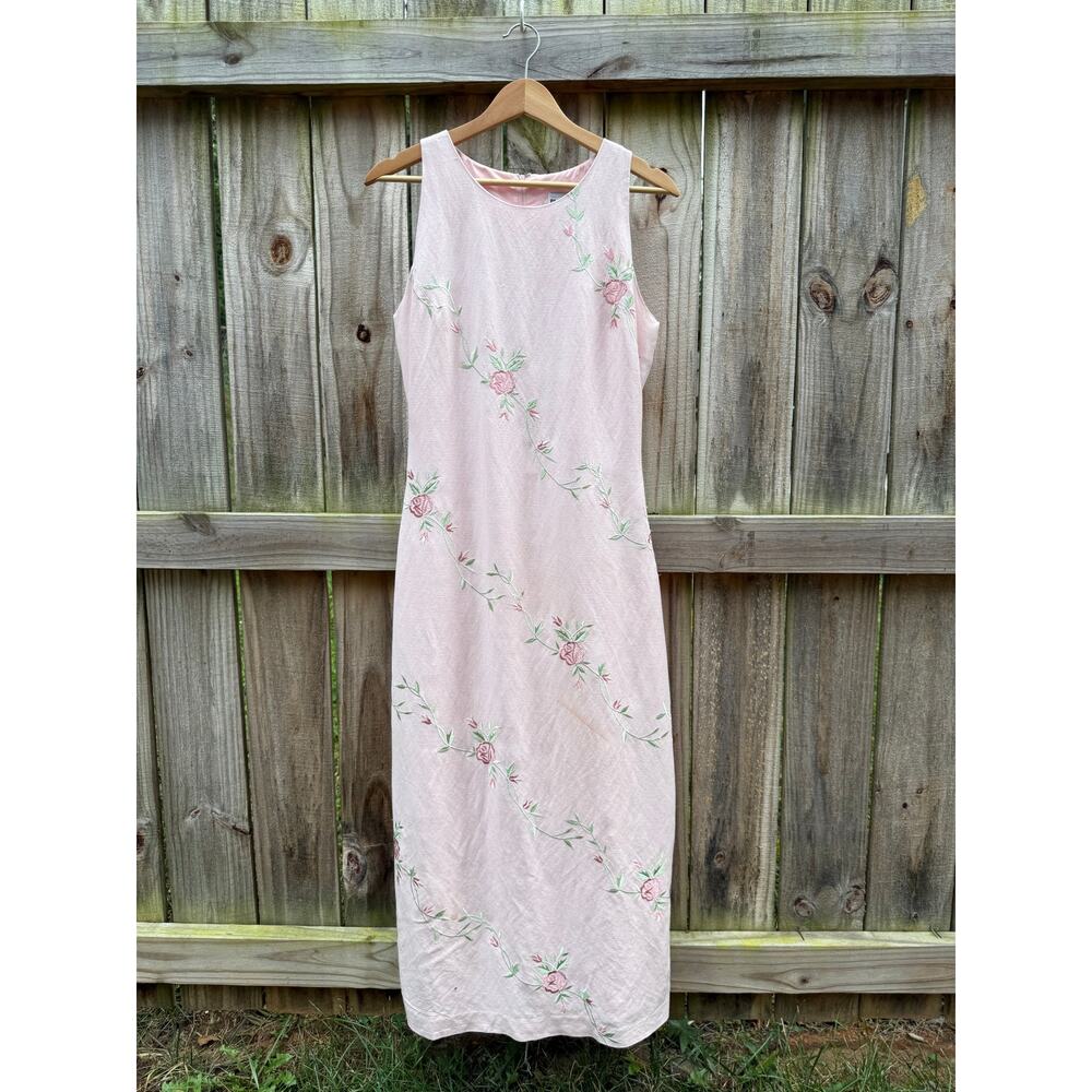 Plaza South Embroidered Rose Linen Blend Maxi Dress